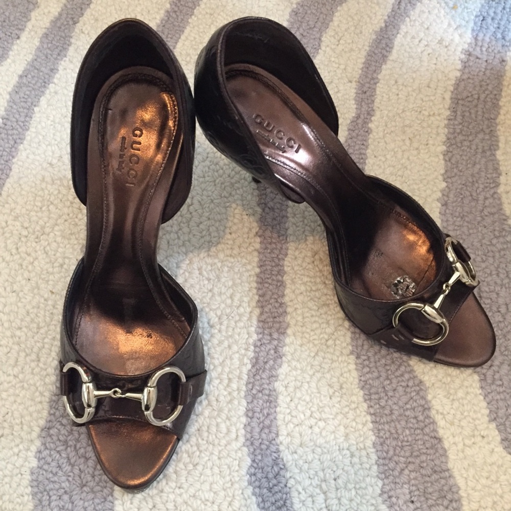 Gucci GG Bronze Horsebit Peep Toe Heels 👠